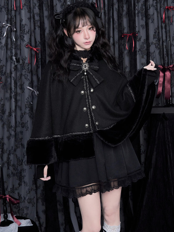 Jirai Kei Cloak Hood Cape Winter Coat Plush Hem 40394:669540