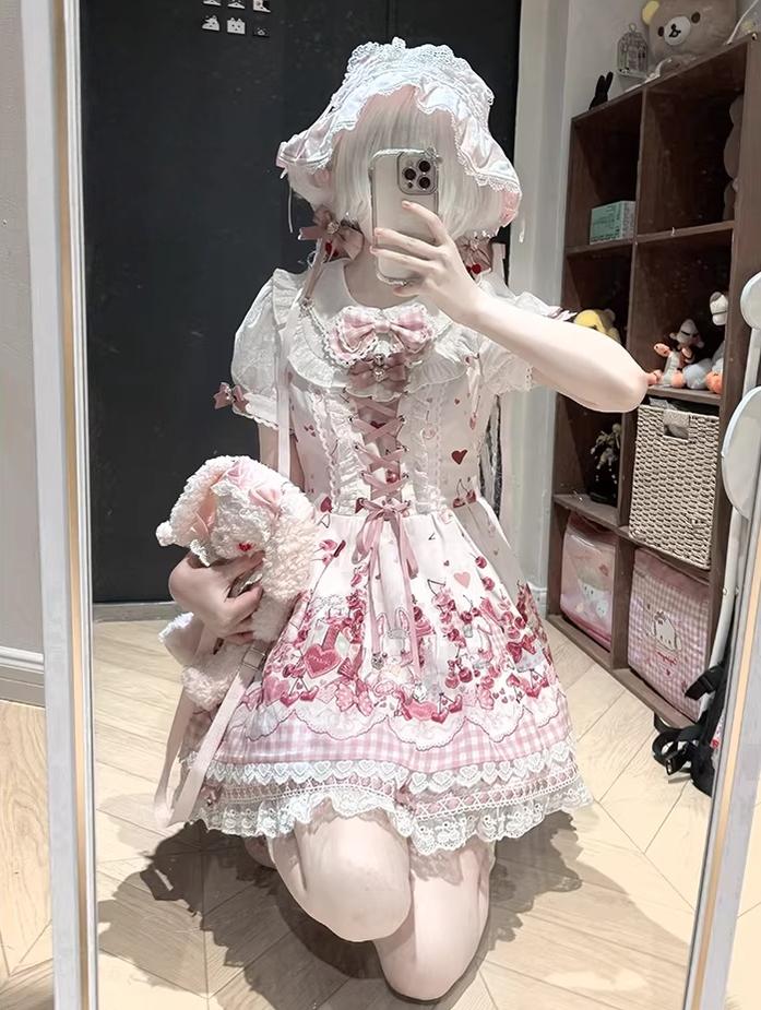 Kawaii Lolita Skirt Set, Bunny and Cherry Print 45163:838117