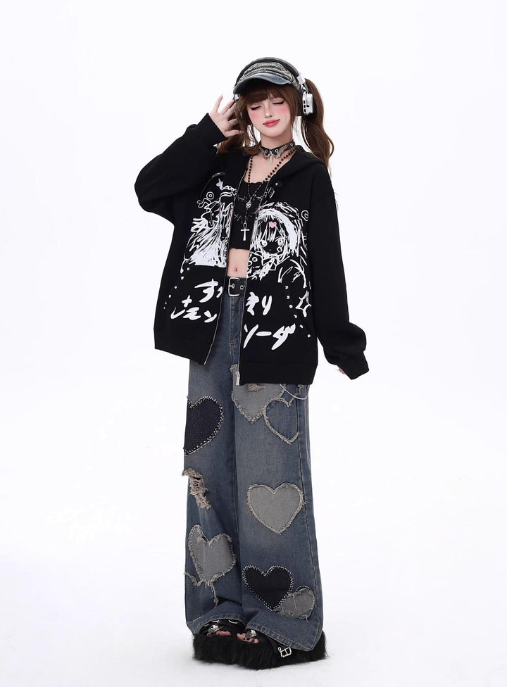 Plus Size Jirai Kei Coat Dark Comic Print Autumn Hoodie 39404:627222