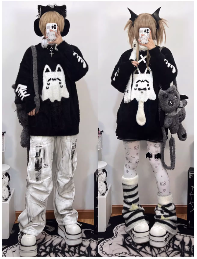 Jirai Kei Sweater Black Ghost Cat Print Couple Sweater 39952:646118