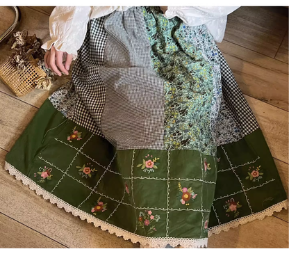 Mori Kei Skirt Green Floral Patchwork Skirt Vintage Skirt 36224:524926