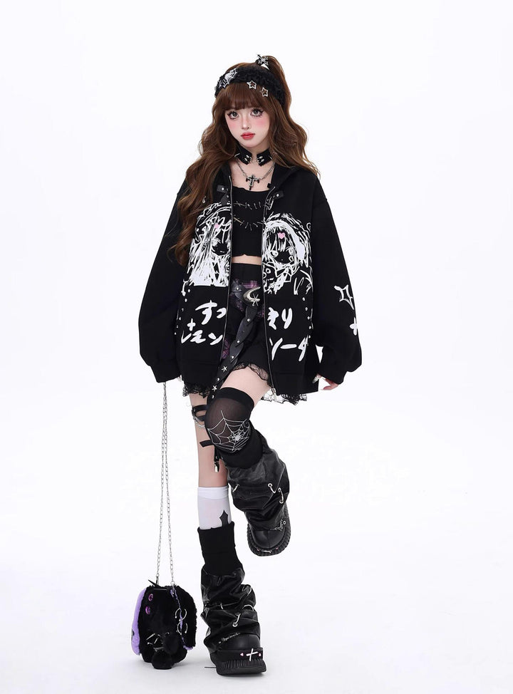 Plus Size Jirai Kei Coat Dark Comic Print Autumn Hoodie 39404:627216