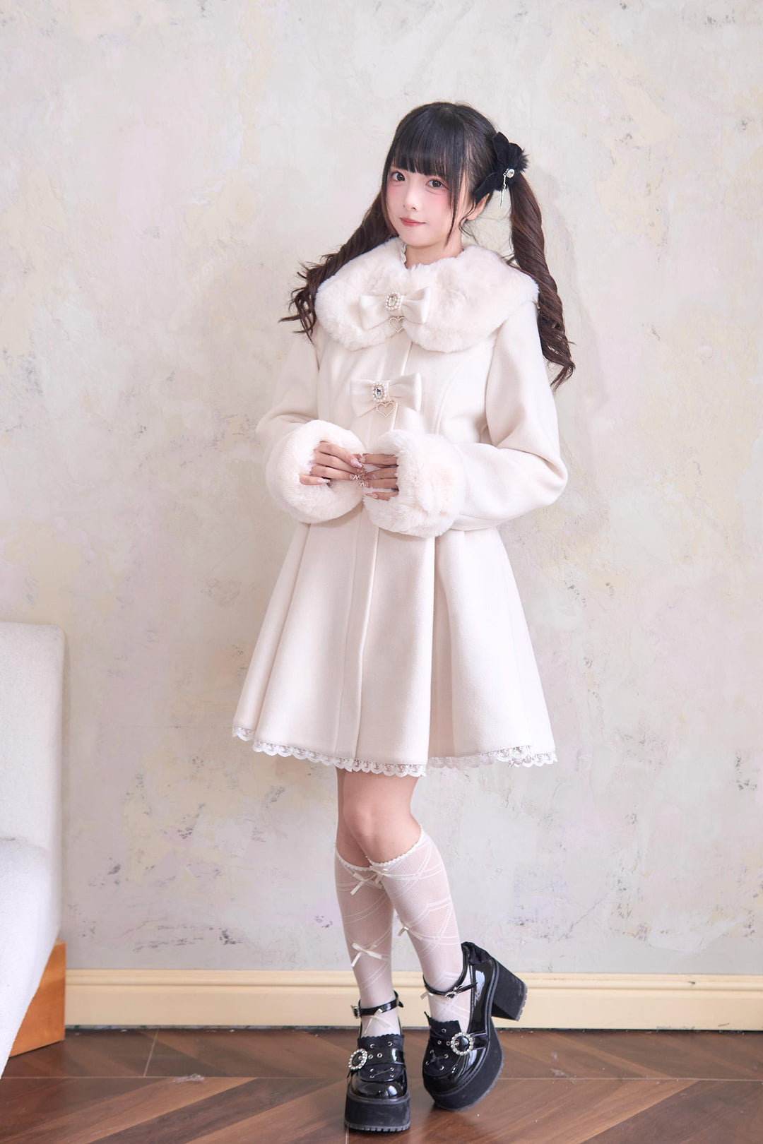 Jirai Kei Winter Coat Fur Collar Lace Coat With Bows 41410:698168