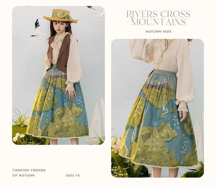 Lolita Dress Rivers Cross Mountains Print Lolita Dress Set 39412:627136