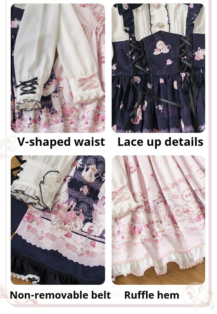 Kawaii Ryousangata Dress Long-sleeved Cat Printed OP Dress