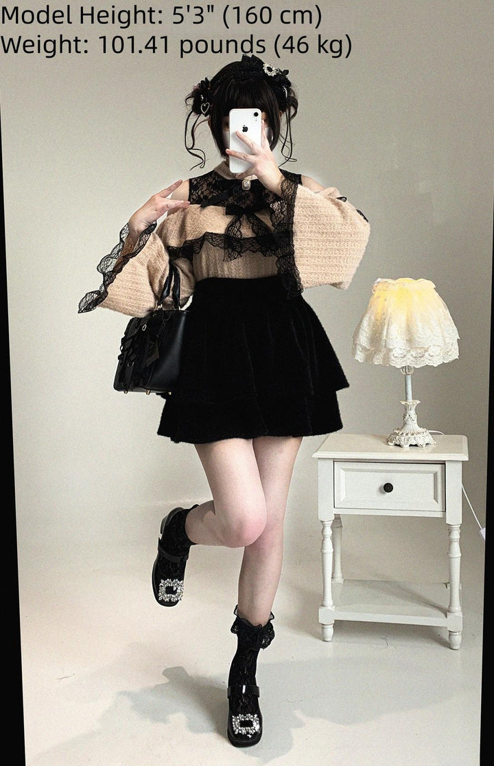 Soft Plush Ryousangata Sweater, Lace Details 44470:810486