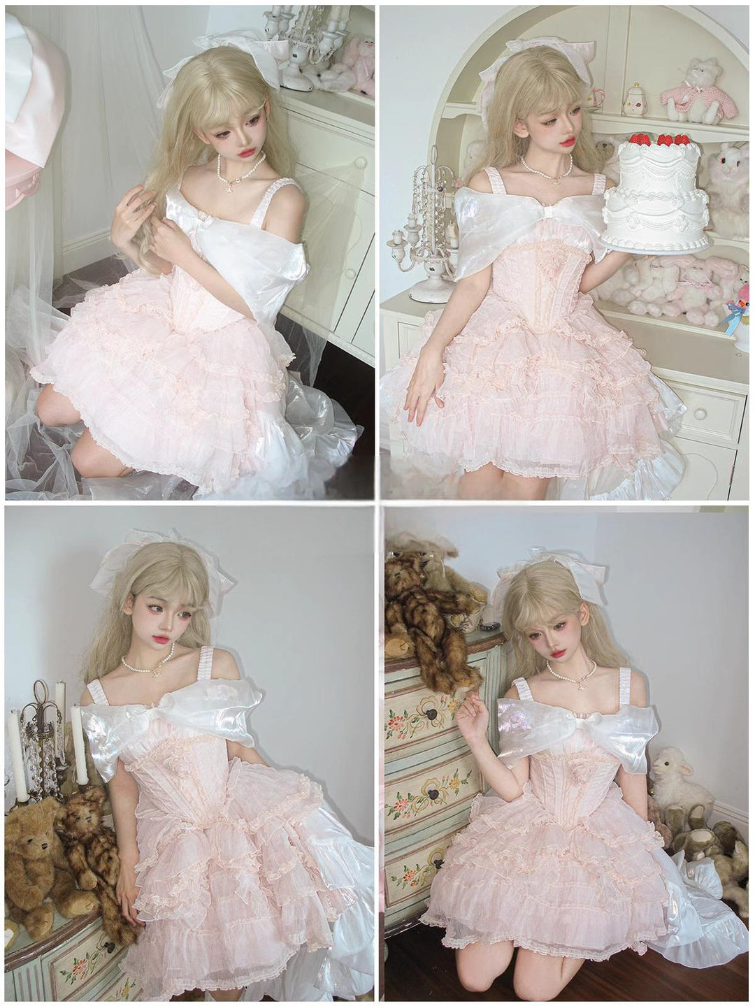 Elegant Pink Lolita Prom Dress Off-Shoulder with Bow and Flowing Train 38096:627960