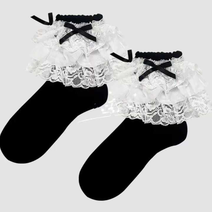 White Lolita Socks Bow And Lace Mid-Calf Cotton Socks (Black) 35630:594388