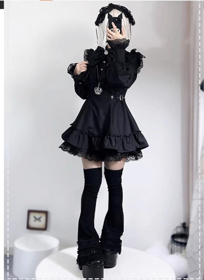 Black Jirai Kei Dress Set with Cross Star and Detachable Bow Tie 42636:748424