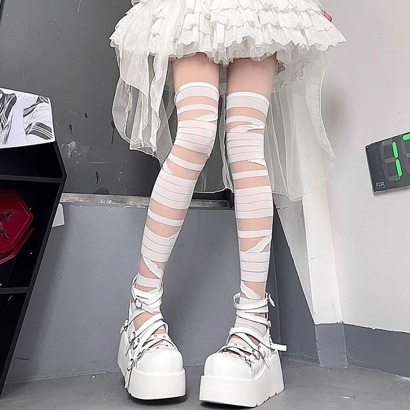 Lolita Thigh-high Socks Stockings Striped Socks Multicolor (White) 38254:585966