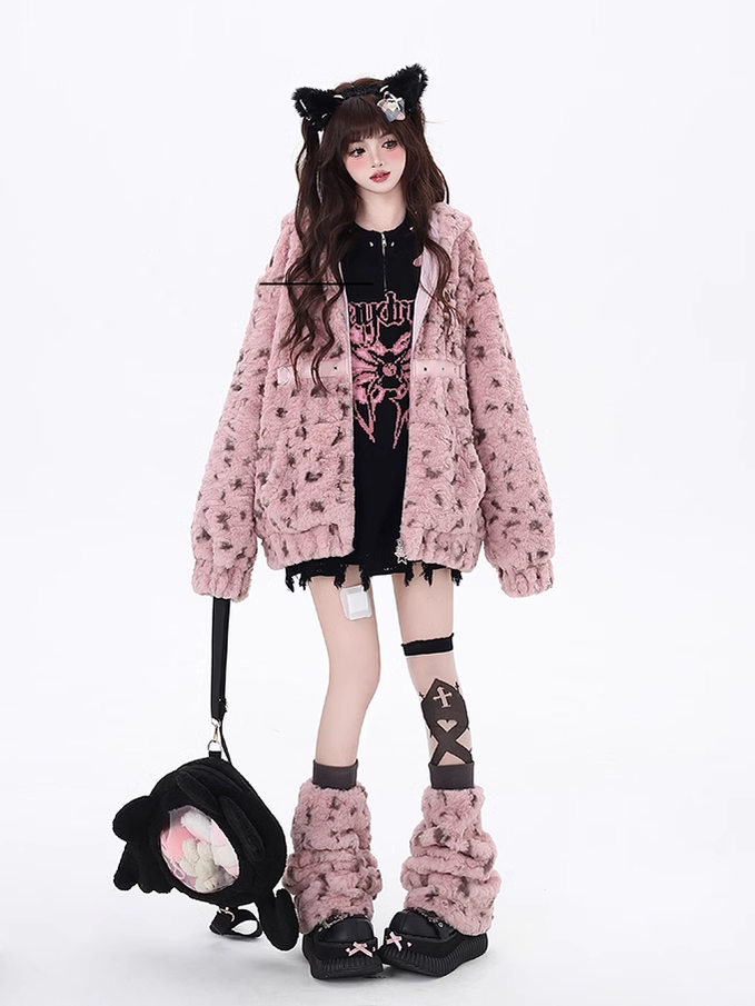 Jirai Kei Fleece Coat Leopard Print Hooded Jacket 40746:677940