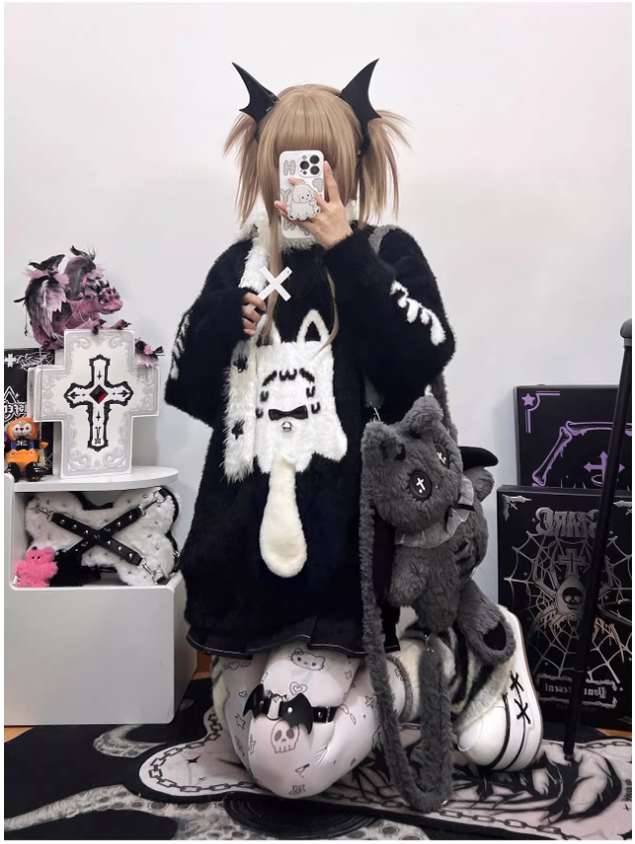 Jirai Kei Sweater Black Ghost Cat Print Couple Sweater 39952:646114