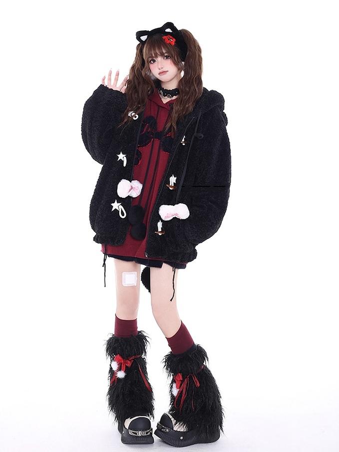 Yami Kawaii Sweater Bow Black Red Hoodie Detachable Collar 39556:639664