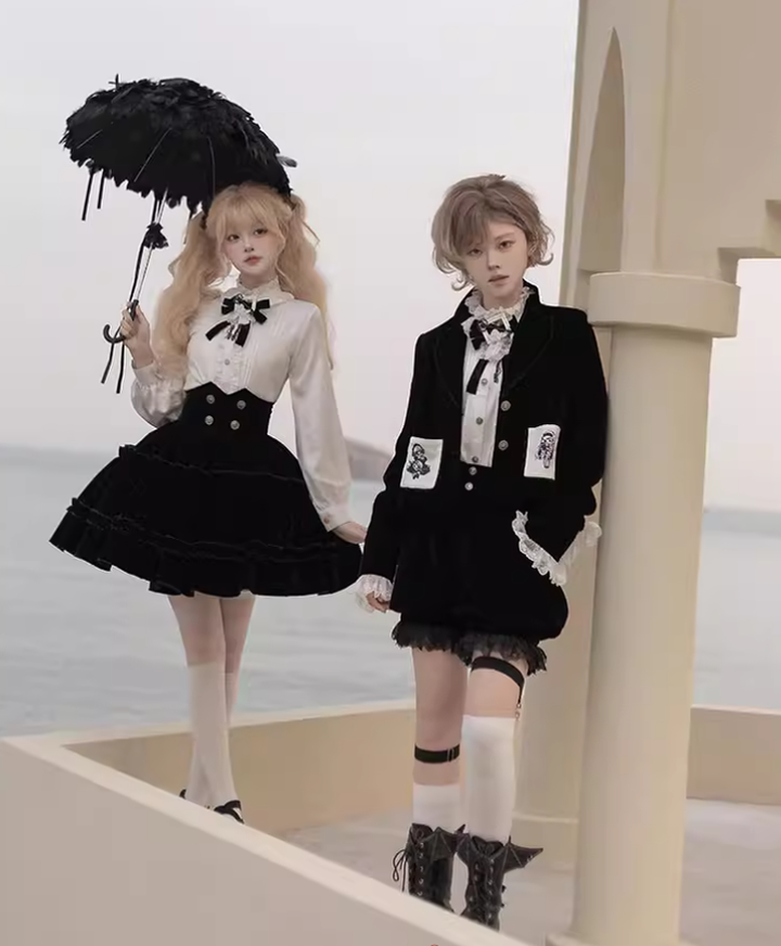 Ouji Lolita Prince Outfit Set Black Skirt Velvet Shorts Set 39368:631962