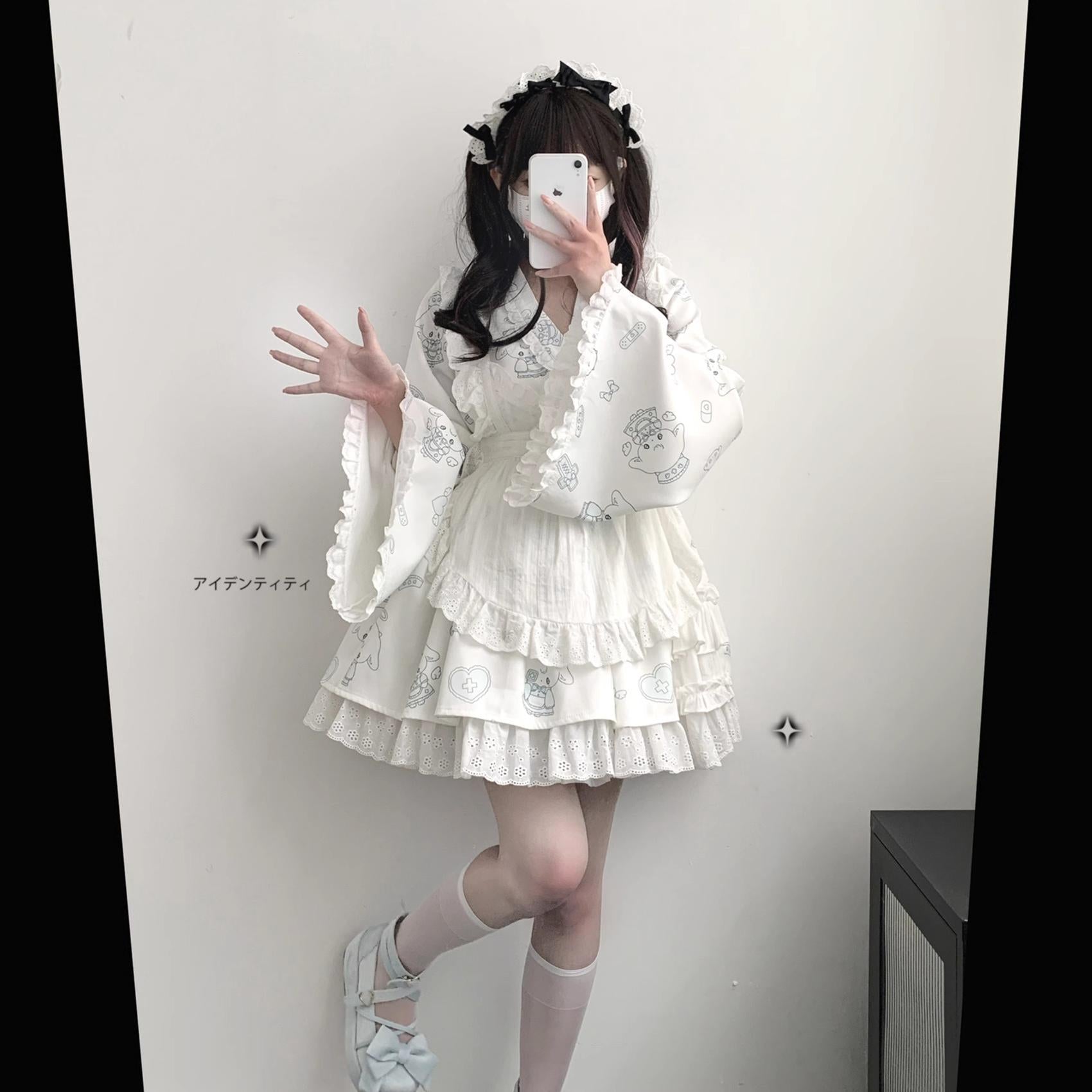 Tenshi Kaiwai Patchwork Skirt Kimono Top White Apron Three-Piece Set 36786:536906