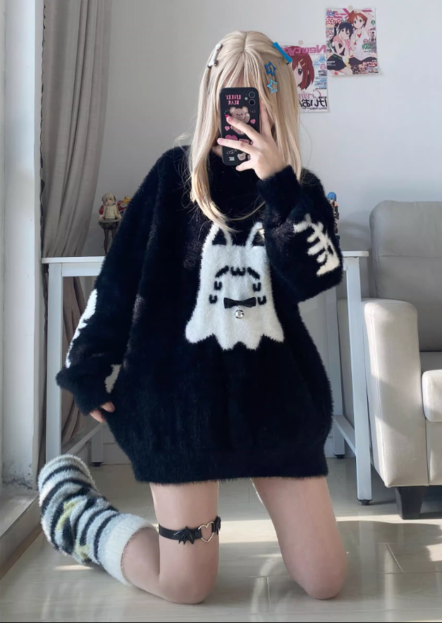 Jirai Kei Sweater Black Ghost Cat Print Couple Sweater 39952:646080