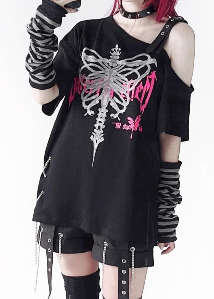 Y2K T-Shirt Gyaru Fashion Butterfly Print Off-Shoulder Top 38744:600348