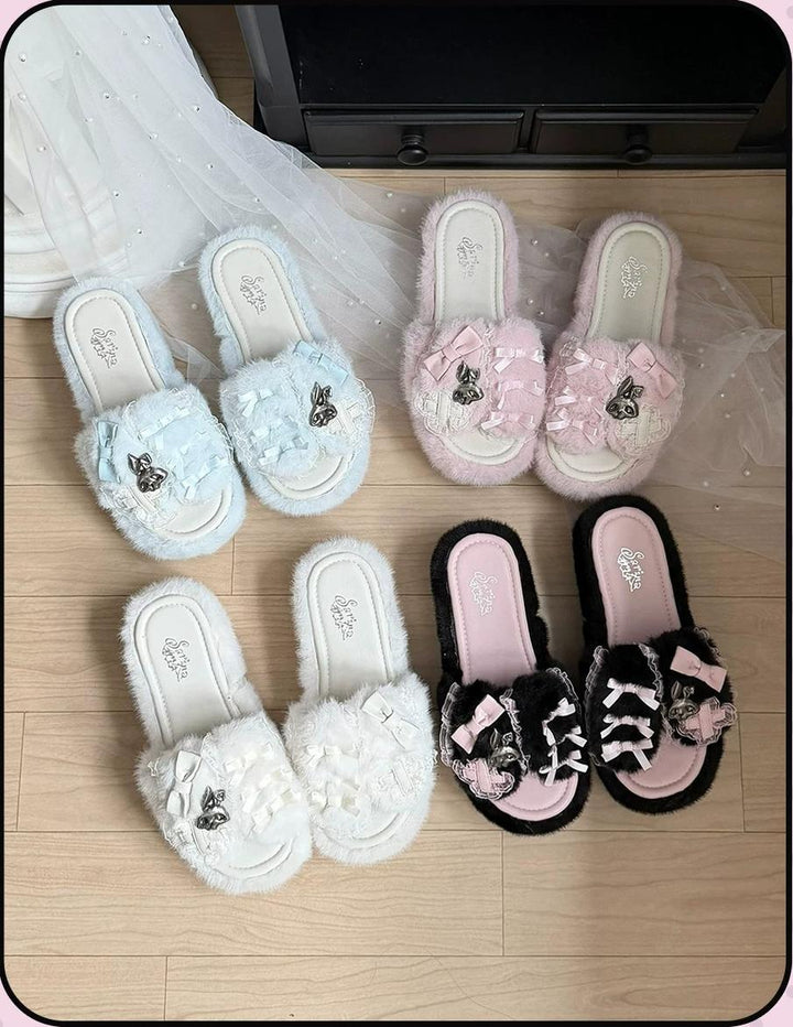 Jirai Kei Platform Wedge Slippers, Bunny Ears & Cross 46071:875436