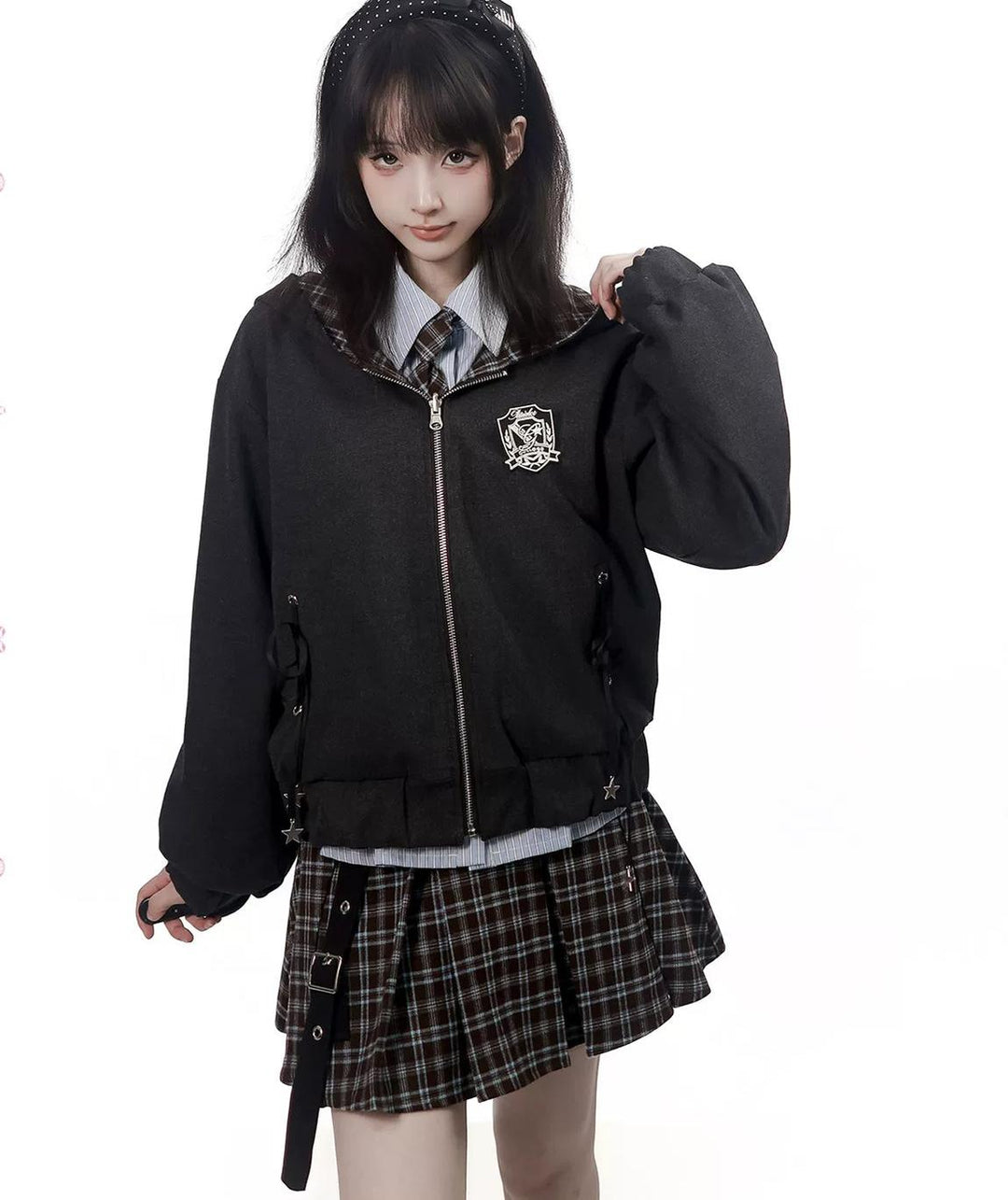 Preppy Reversible Plaid Jacket Set, Striped Blouse 45874:868455