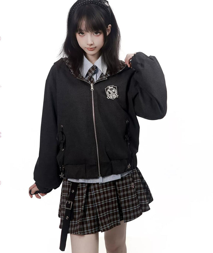 Preppy Reversible Plaid Jacket Set, Striped Blouse 45874:868455