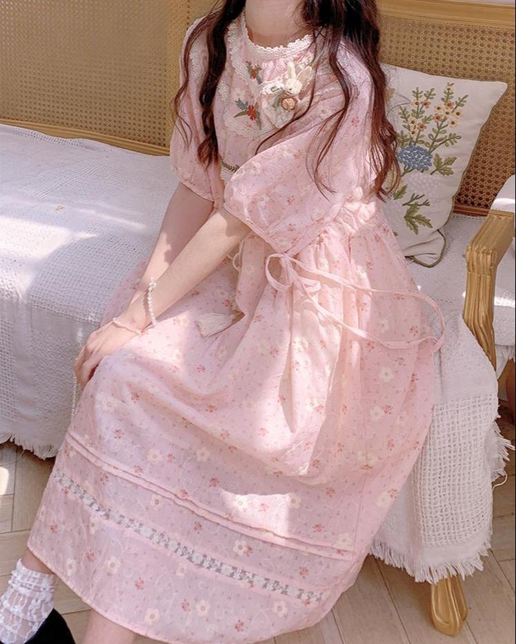 Mori Kei Dress Pink Floral Dress Short Sleeve Dress 36208:523746
