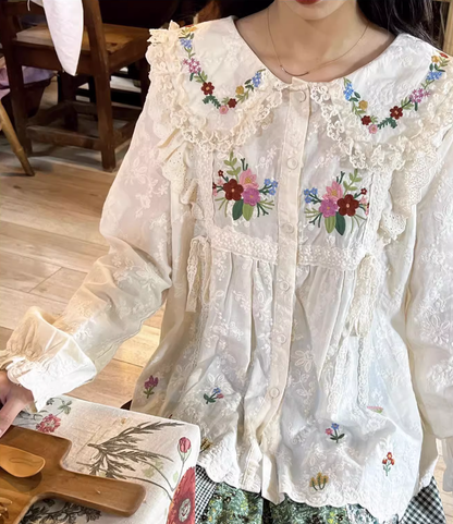 Mori Kei Blouse Flower Embroidery Shirt Anti-aging Top 36218:524764