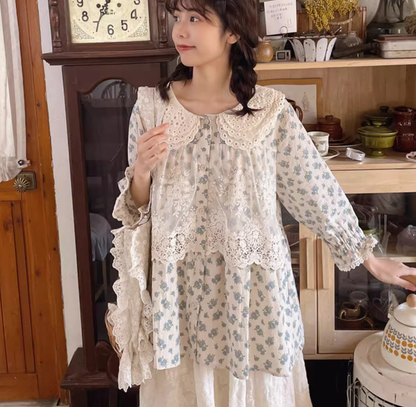Mori Kei Blouse Floral Cotton Linen Shirt With Lace 36222:524922