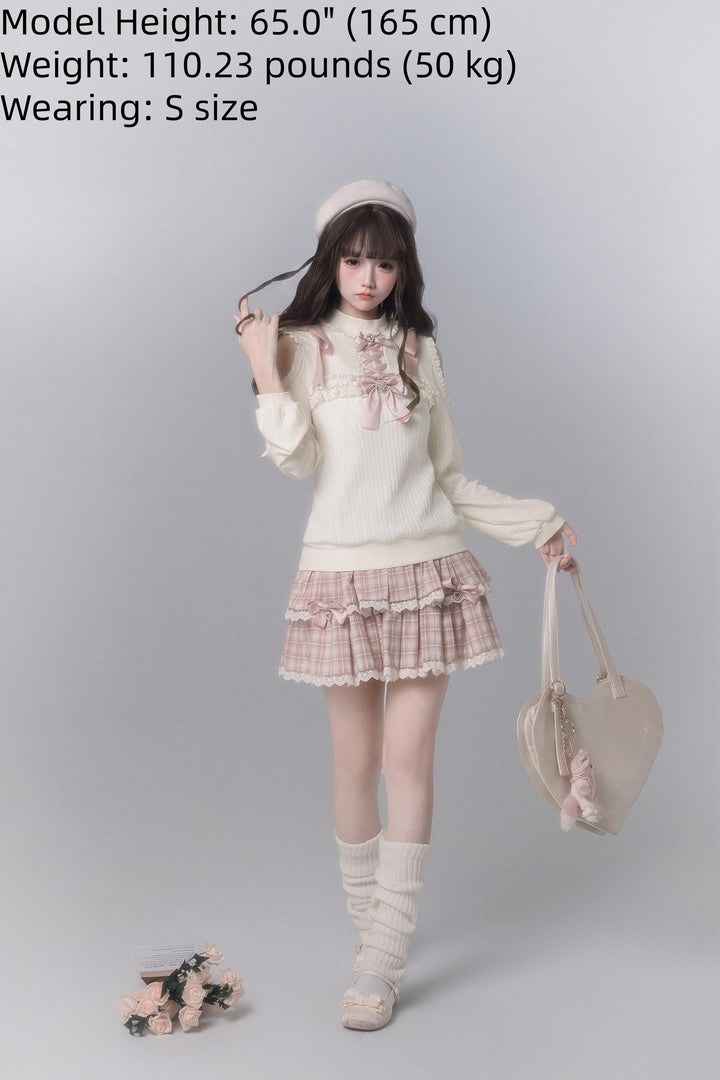 Ryousangata Open-Shoulder Sweater, Tiered Plaid Skirt 44776:824076