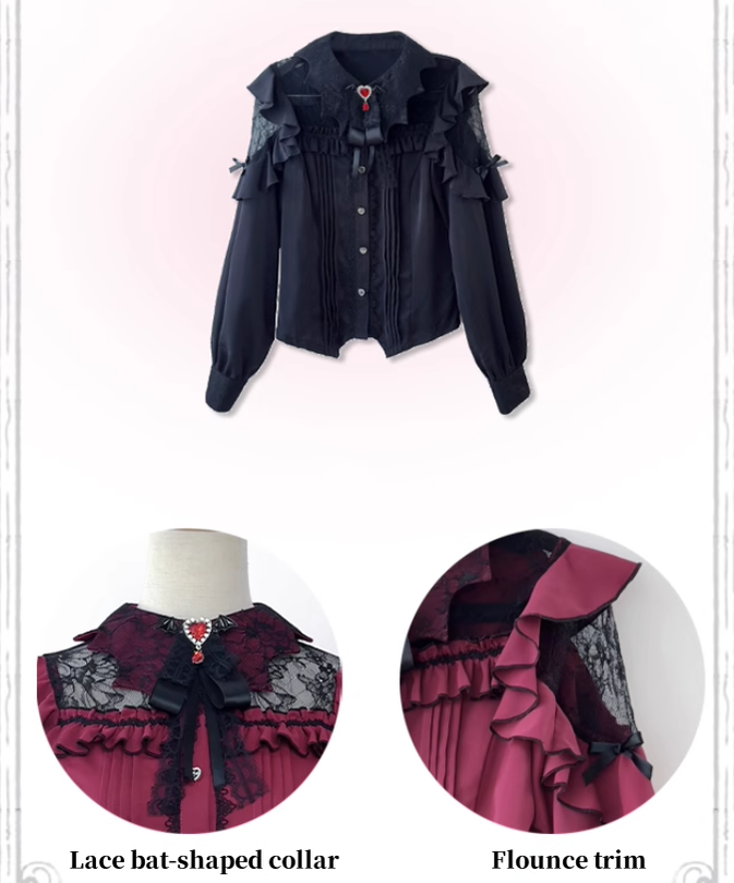 Jirai Kei Blouse Lace Bat Collar Wine Red And Black Shirt 39630:633466