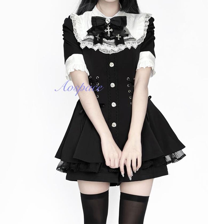 Short-sleeved Ryousangata Dress, Detachable Bowtie 43823:786764