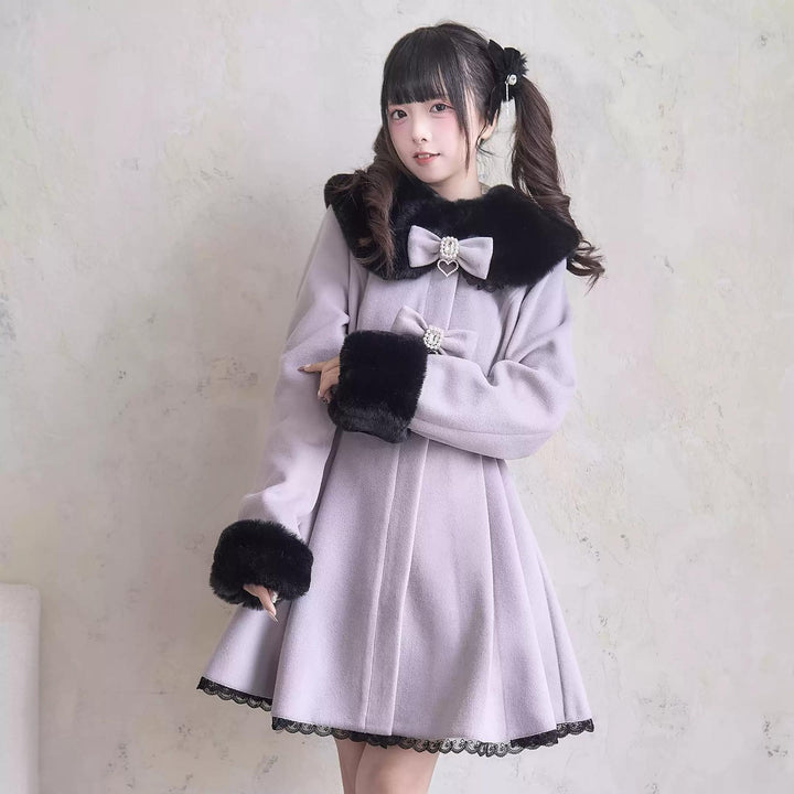 Jirai Kei Winter Coat Fur Collar Lace Coat With Bows 41410:698140