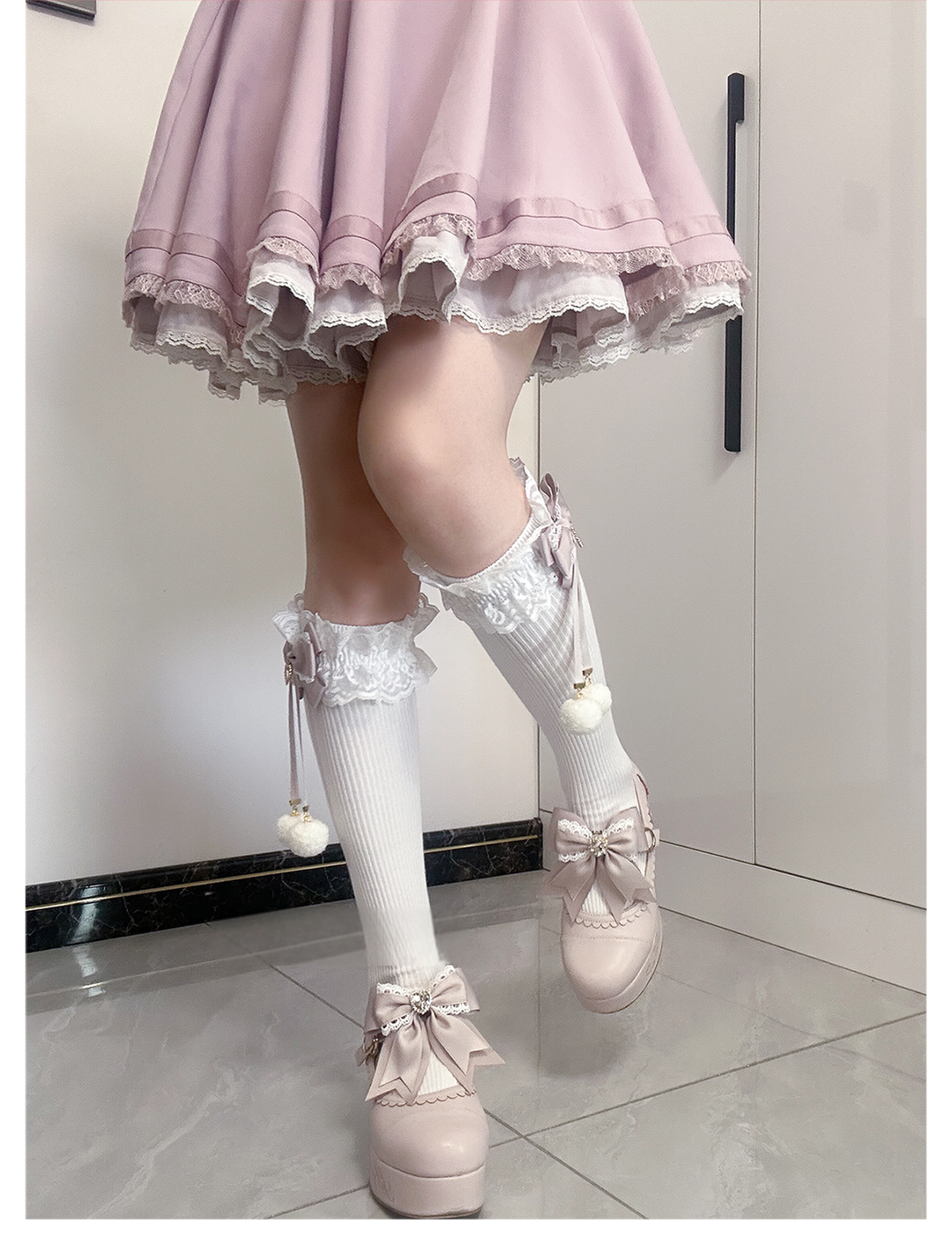 Jirai Kei Knee Socks Lace Bow Pom-Pom Mid-Calf Socks 40886:678976