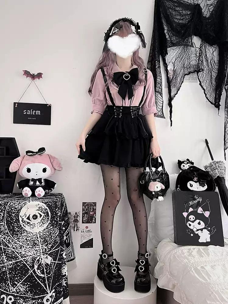 Jirai Kei Pink Blue Blouse Black Suspender Skirt Lace Up Skirt Set (L M S XL) 21830:763226