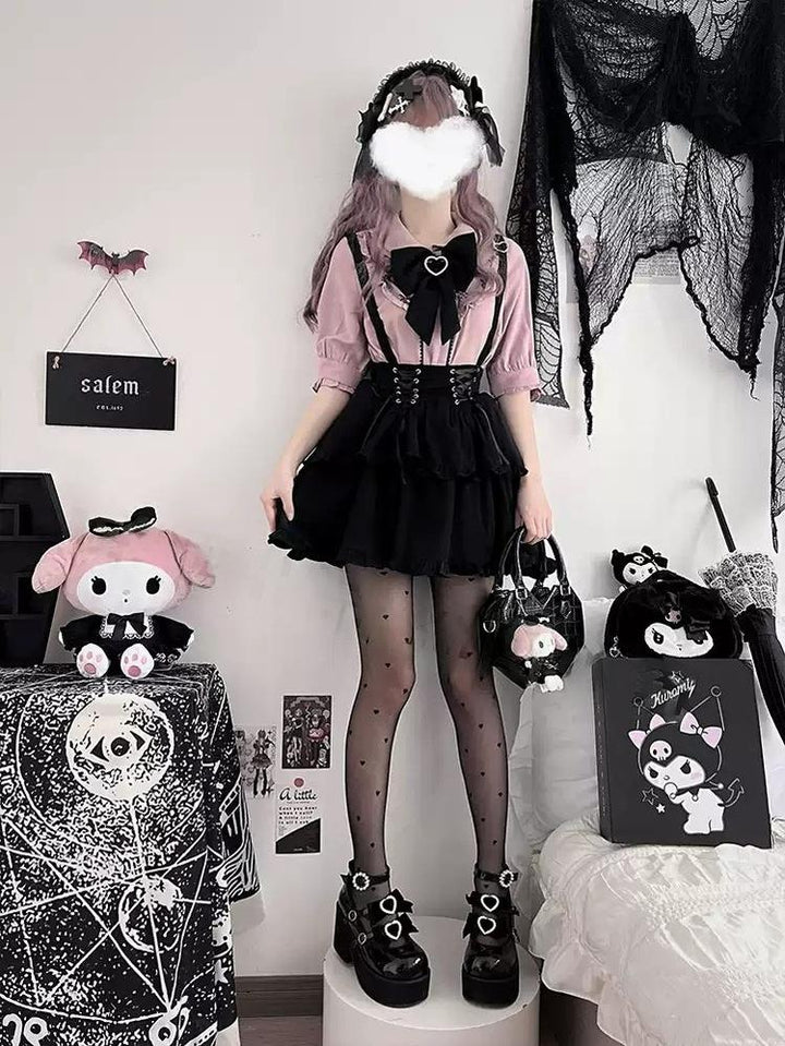 Jirai Kei Pink Blue Blouse Black Suspender Skirt Lace Up Skirt Set 21830:763226