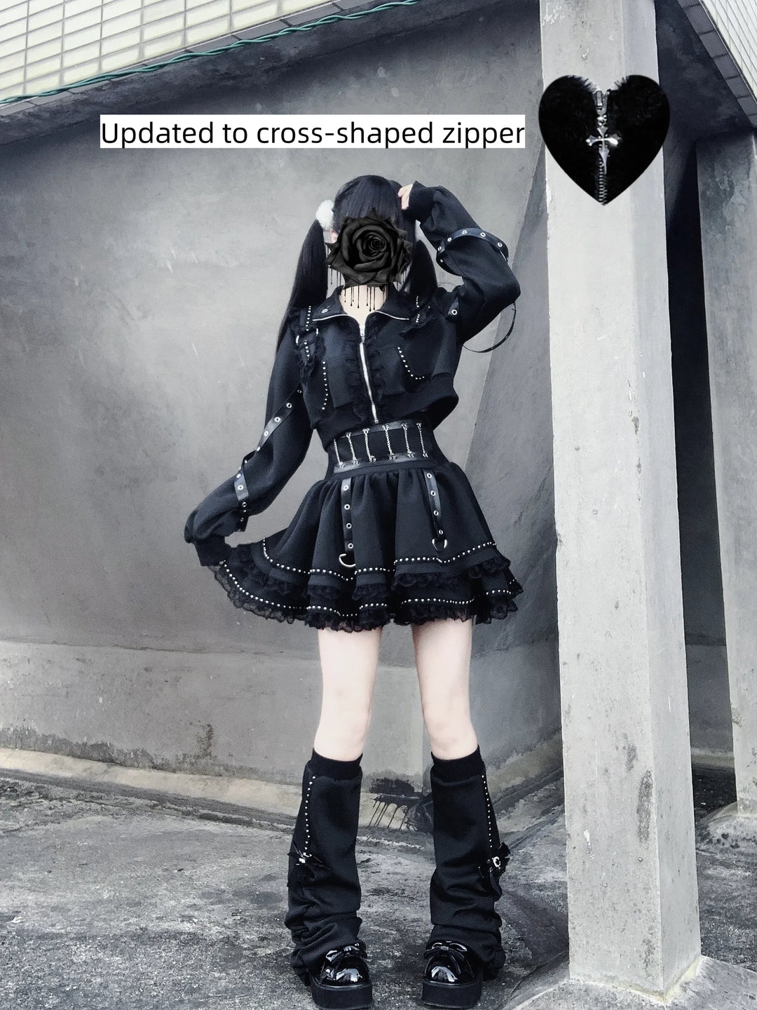 Punk Jacket and Skirt, Cross Zipper and Studs 45649:858357