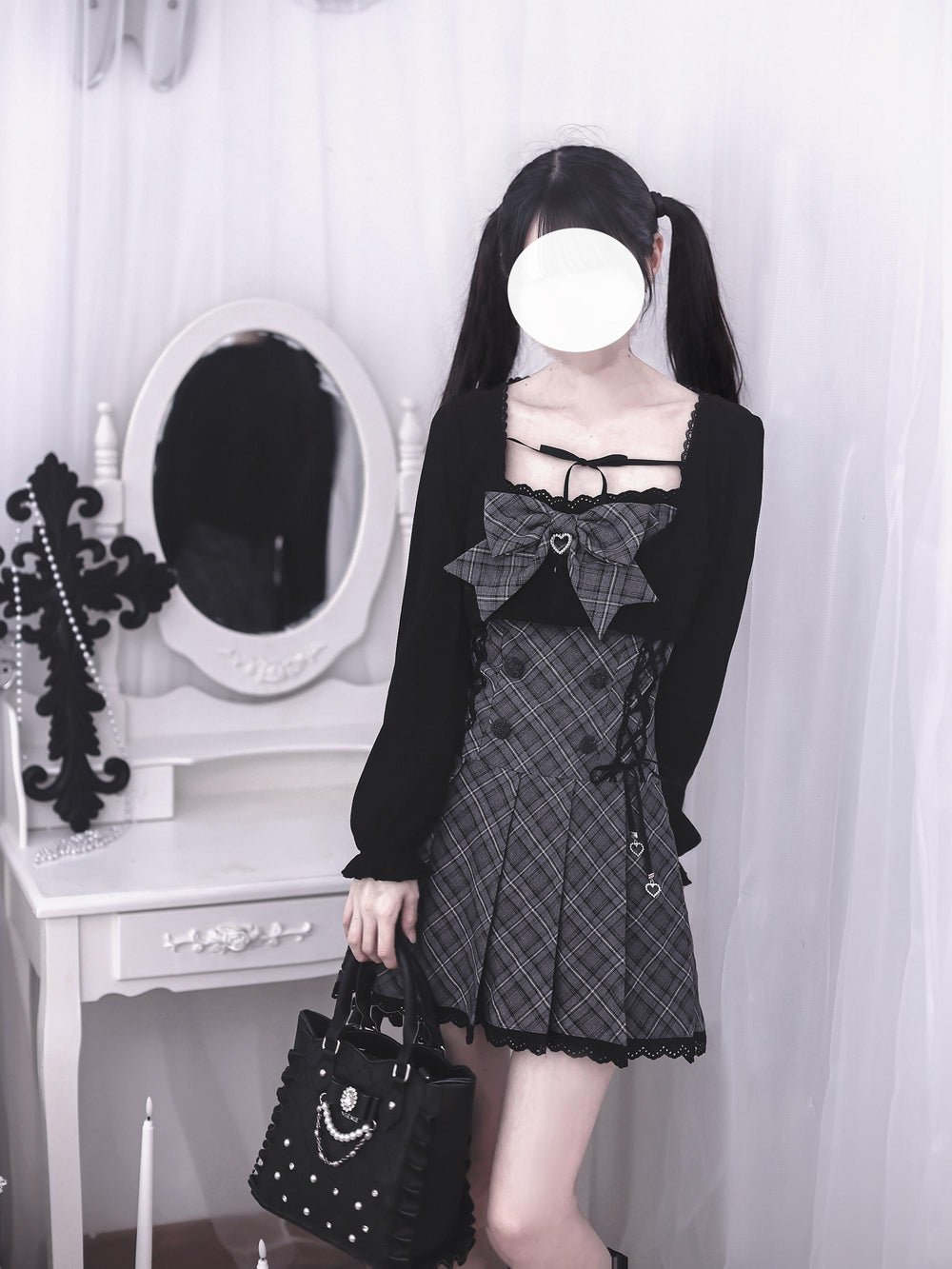 Jirai Kei Plaid Dress with Bolero, Pleated Hem 45934:869285