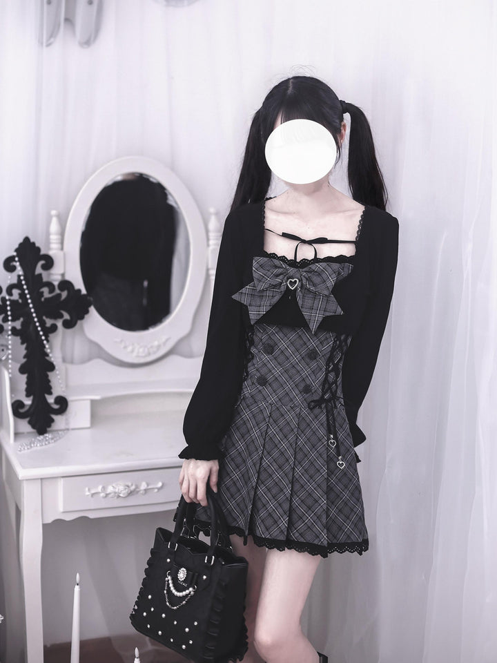 Jirai Kei Plaid Dress with Bolero, Pleated Hem 45934:869285
