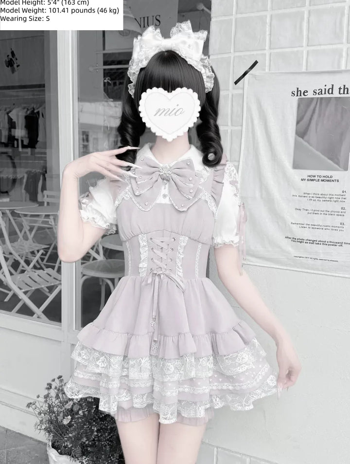 Jirai Kei Lace Plaid Dress Set, Detachable Rhinestone Bow 45700:860738