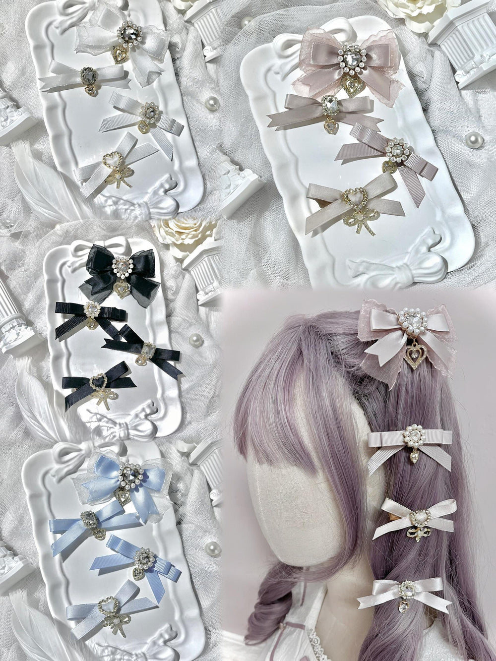 Jirai Kei Bow Hair Clips Set, Rhinestone & Pearl Accent 45776:866498