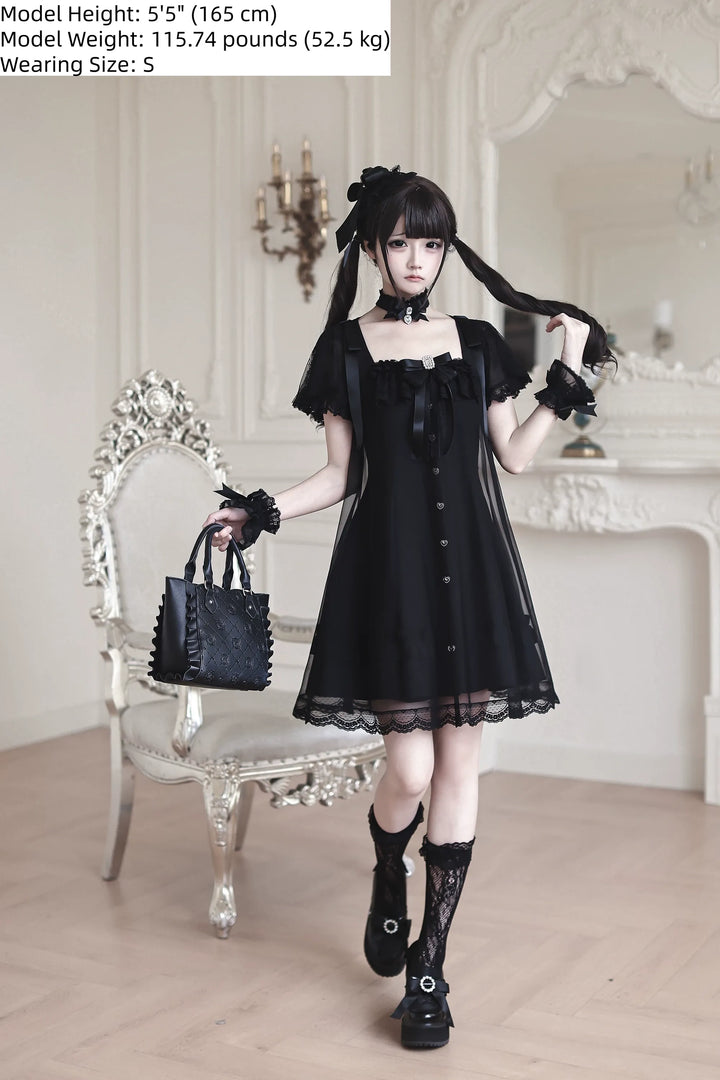 Jirai Kei Tulle Overlay Dress, Square Neckline 45558:856056