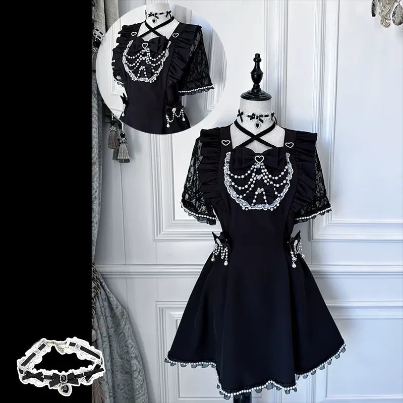 Jirai Kei Pearl Chain Dress, Halter Neckline (2XL L M XL) 45650:857209