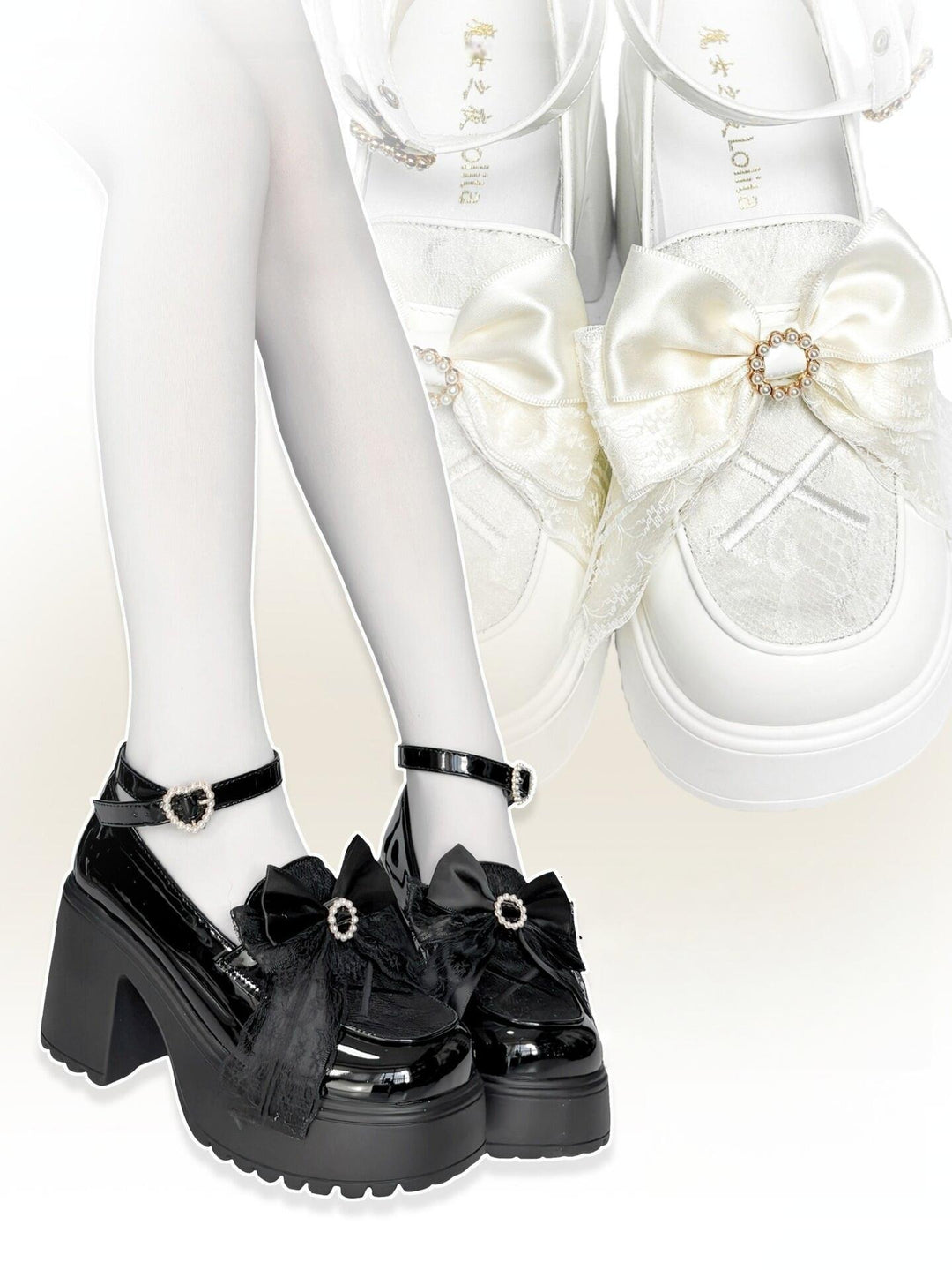 White/Black Jirai Kei Loafer Shoes, High Platform 44889:826021