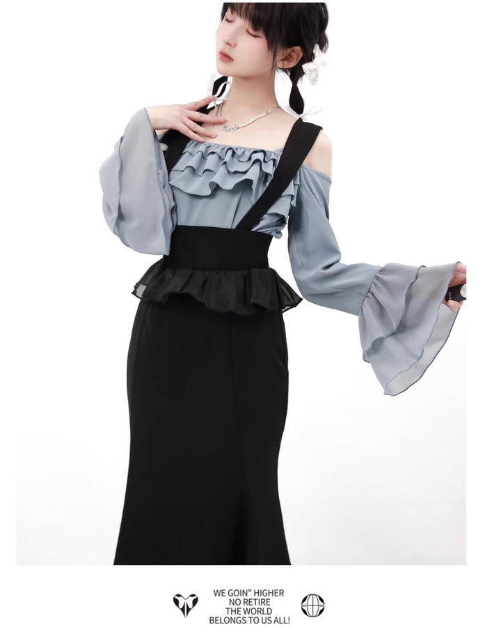 Elegant Outfit Set Chiffon Blouse Suspender Skirt Set 40238:663580