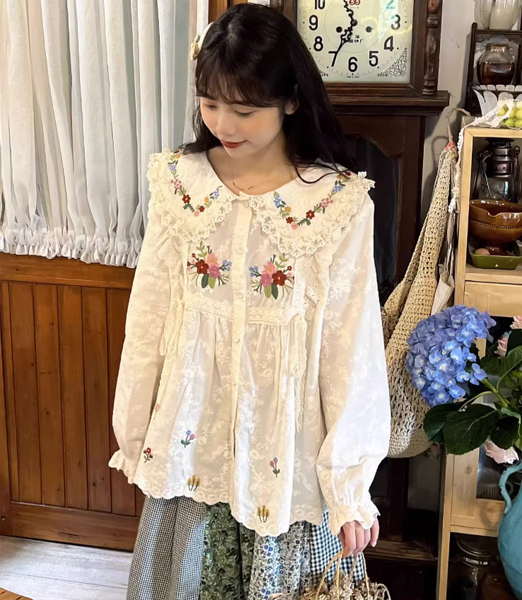 Mori Kei Blouse Flower Embroidery Shirt Anti-aging Top 36218:524760