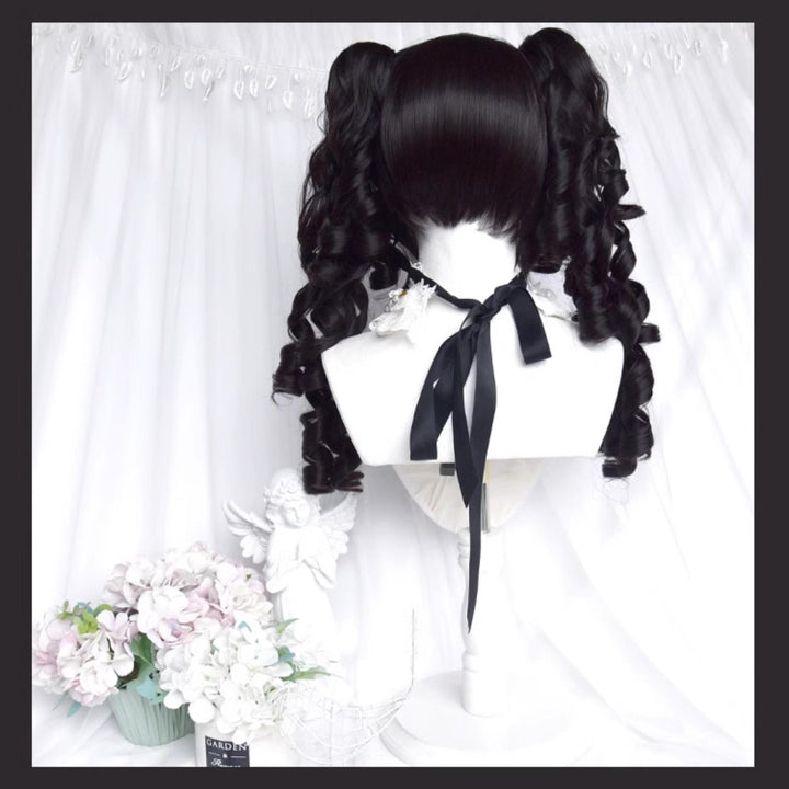 Black Jirai Kei Wig Set Lolita Roman Curly Double Ponytail 42183:732994