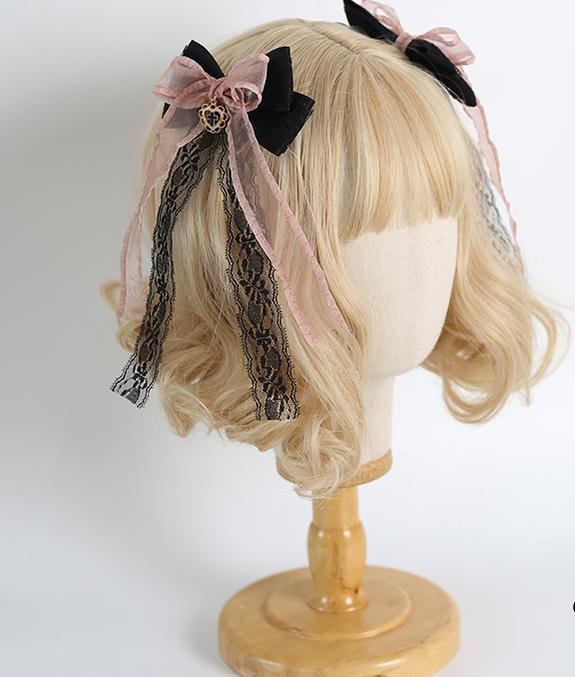 Jirai Kei Black Pink Hair Pin With Lace And Bow 22530:322916 22530:322916