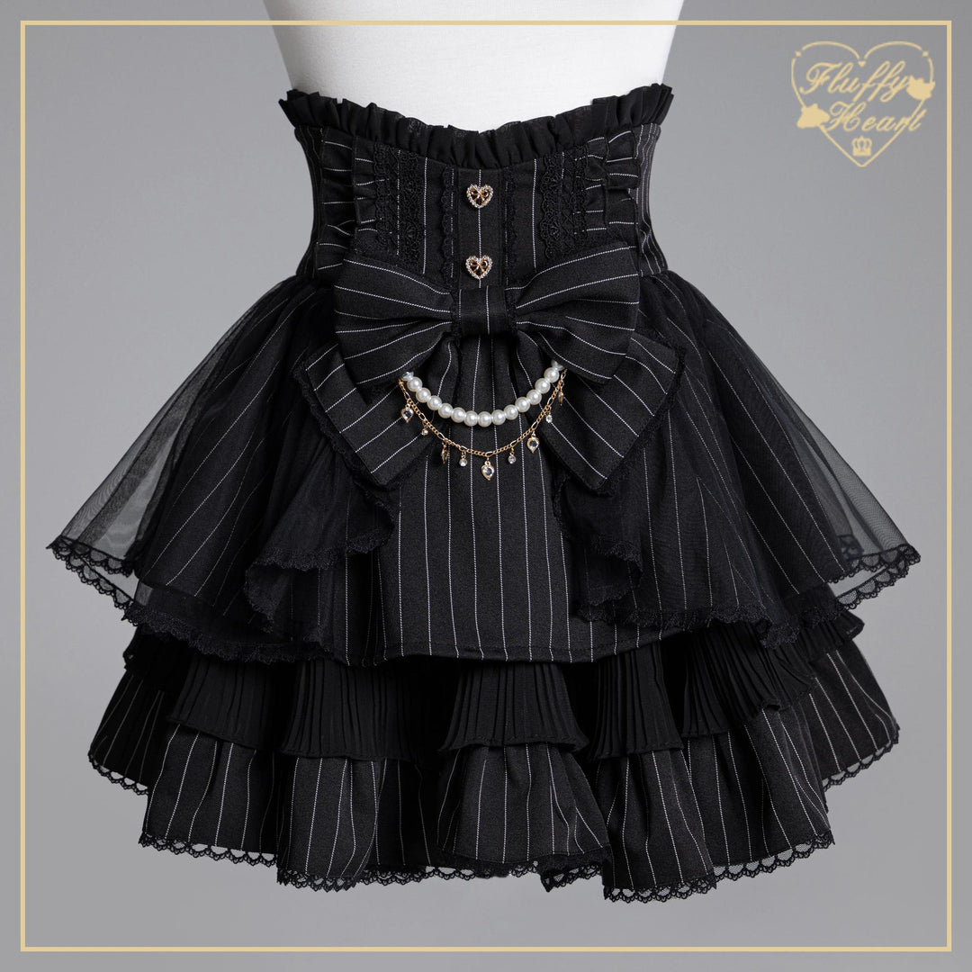 Striped High Waist Jirai Kei Skirt, Detachable Bow 43679:782835