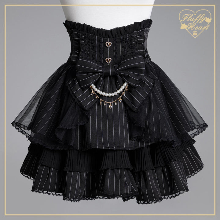 Striped High Waist Jirai Kei Skirt, Detachable Bow 43679:782835
