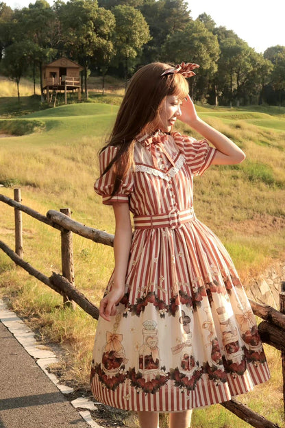 Retro Lolita Dress Strawberry Print Short Sleeve OP Embroidery Shirt 37248:569554