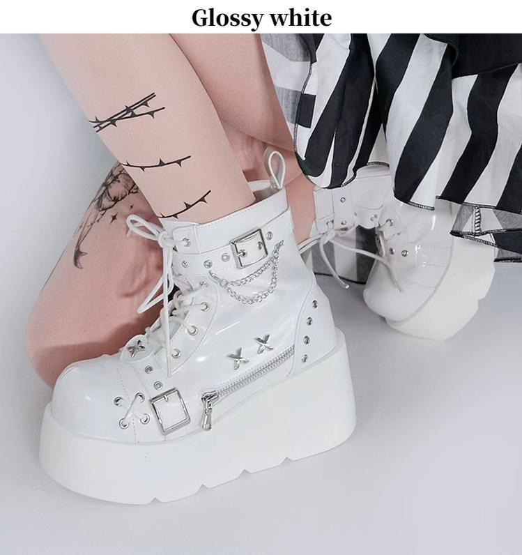 Punk Shoes Black White Platform Gyaru Fashion Combat Boots 29710:368908